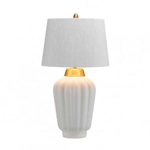 BEXLEY Bordlampe i stål, keramik og faux silke H56,2 cm 1 x E27 - Børstet messing/Hvid/Elfenbenshvid