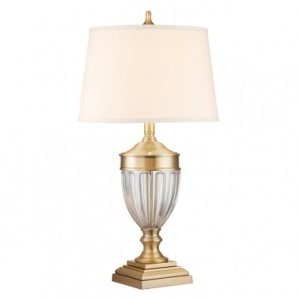 DENNISON Bordlampe i stål, glas og tekstil H80 cm 1 x E27 - Børstet messing/Grå/Creme