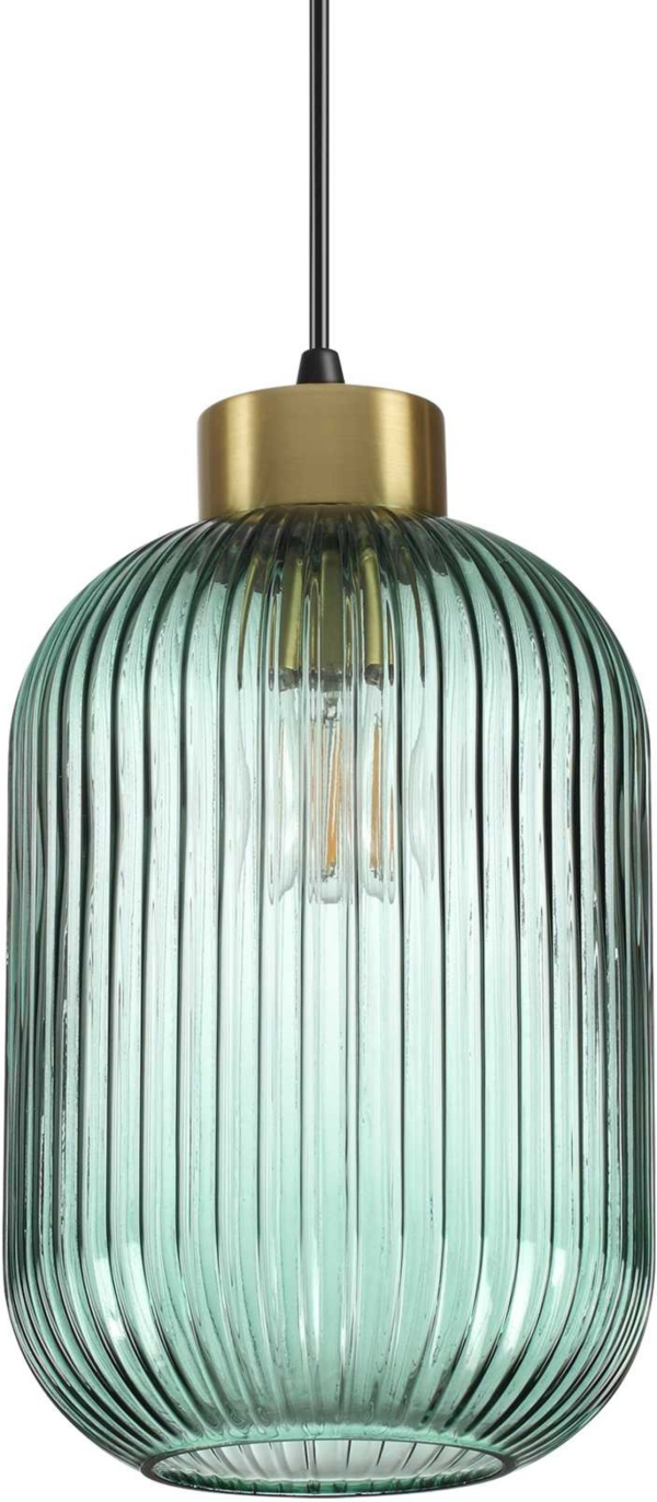 Pendel lampe Ideal Lux Mint Ø20 cm grøn ribbet blæst glas med satin messing og mat sort loftrose