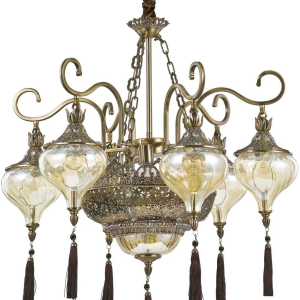 Pendellampe Ideal Lux Harem Ø75 cm antik messing med ravfarvet glas og fløjlsdetaljer