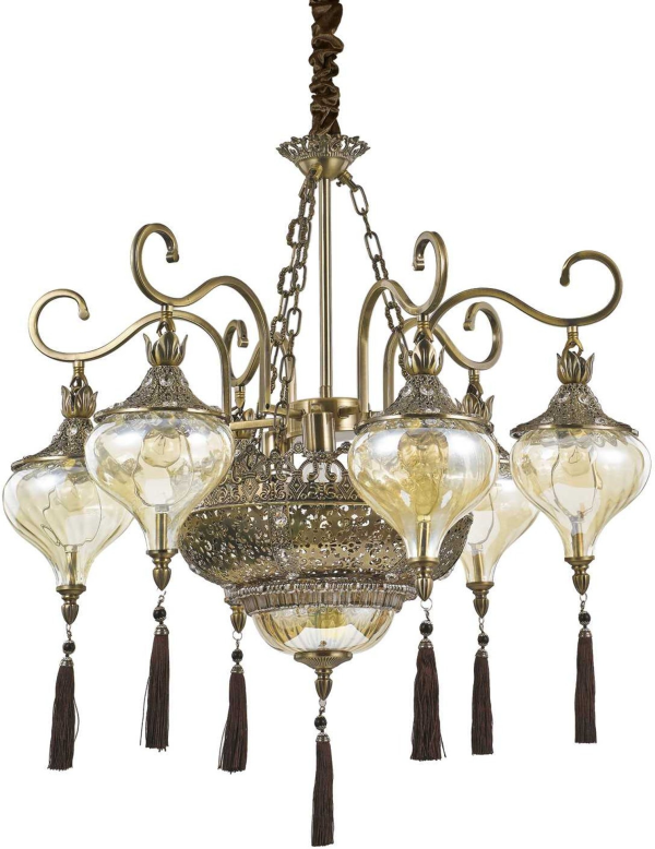 Pendellampe Ideal Lux Harem Ø75 cm antik messing med ravfarvet glas og fløjlsdetaljer