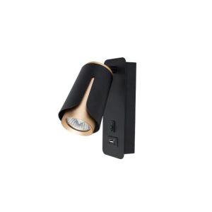 Sengelampe Til Væg Med USB Stik - USB Type A+C - GU10 - Sort Og Messing