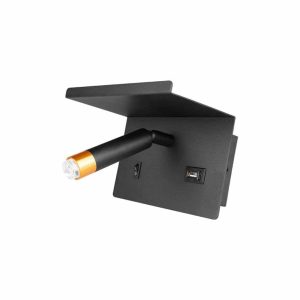 Væghængt Sengelampe Med Hylde og USB Stik - USB A+C - G9 - Messing Og Sort