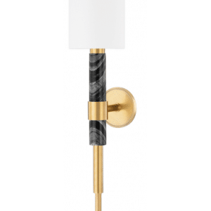 SOLSTICE Væglampe i stål, marmor og linned H76,9 cm 1 x E27 - Vintage messing/Gråsort marmor/Hvid