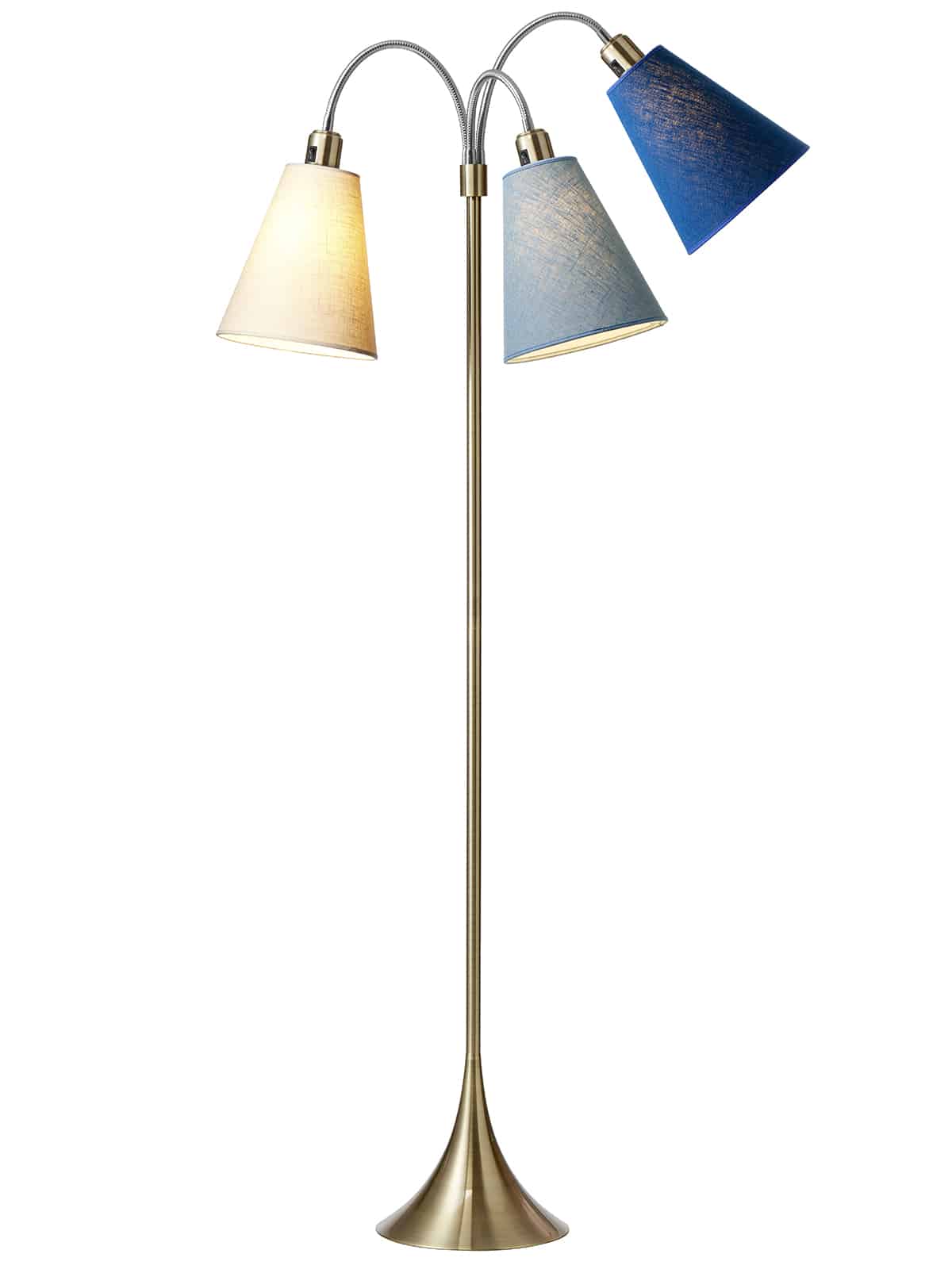 Trafik Gulvlampe antik messing m/creme, støvet blå og havblå skærme