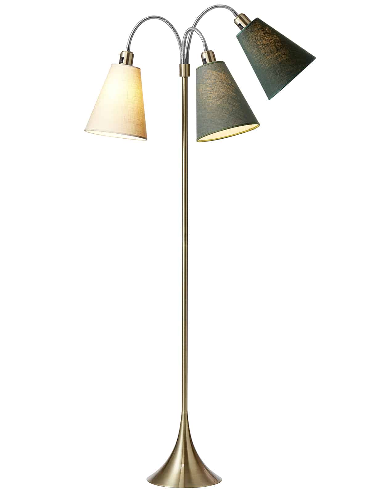 Trafik Gulvlampe antik messing m/creme, vintergrøn og skovgrøn skærme