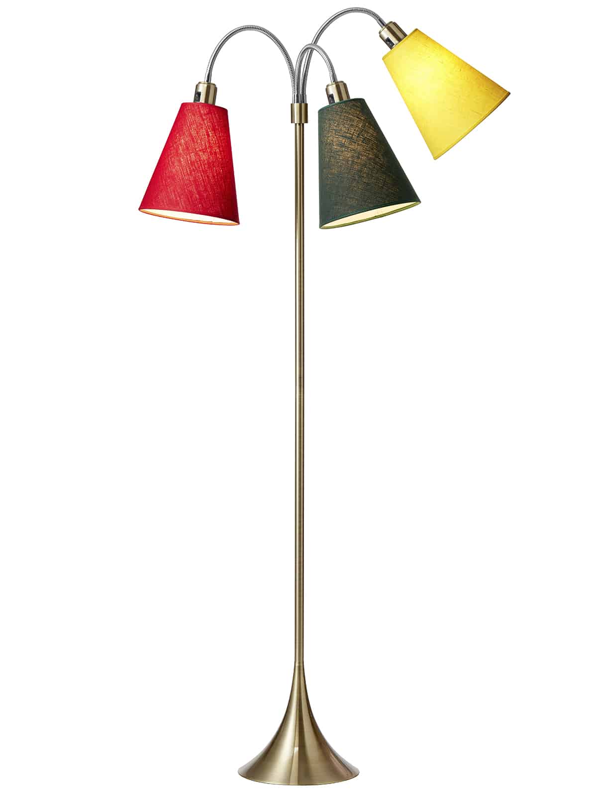 Trafik Gulvlampe antik messing m/rød, skovgrøn og gul skærme
