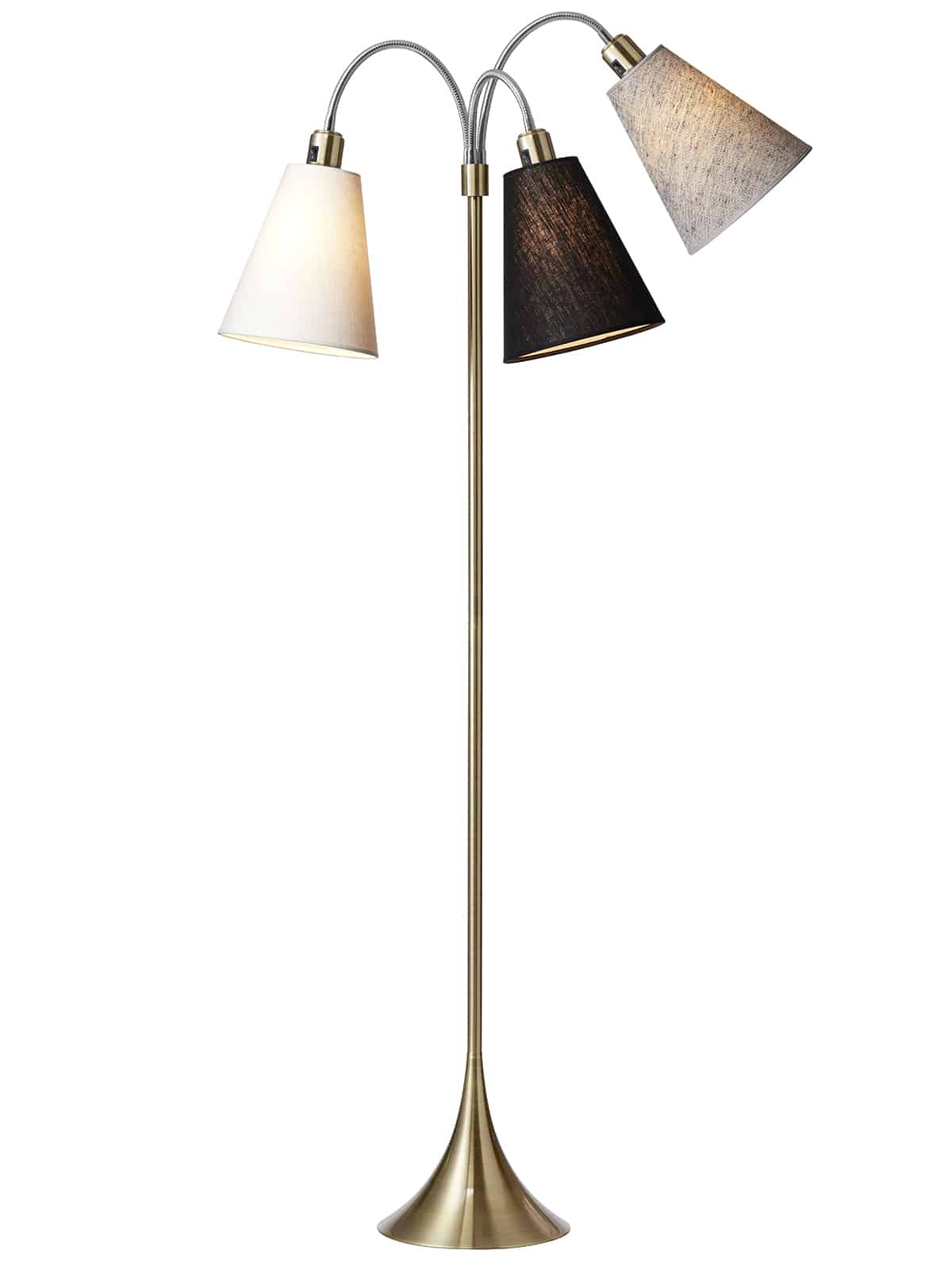 Trafik Gulvlampe messing m/hvid, sort og sort nistret skærme