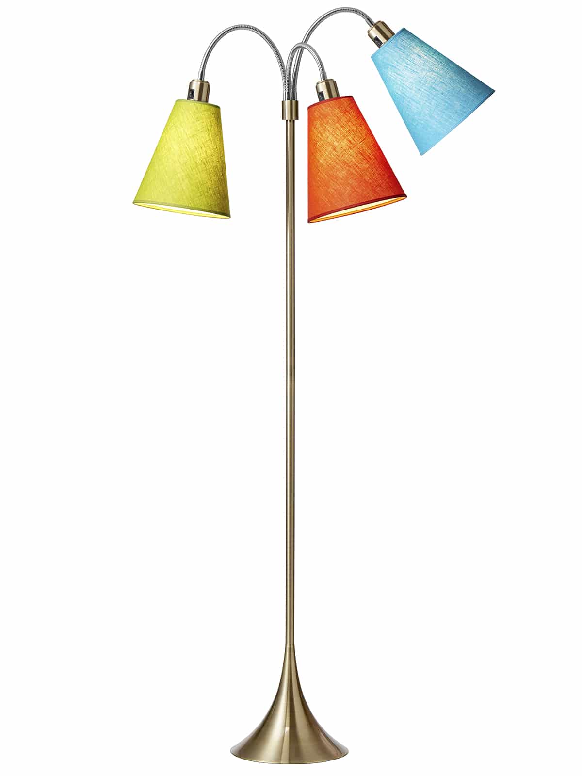 Trafik Gulvlampe messing m/limegrøn, orange og turkis skærme