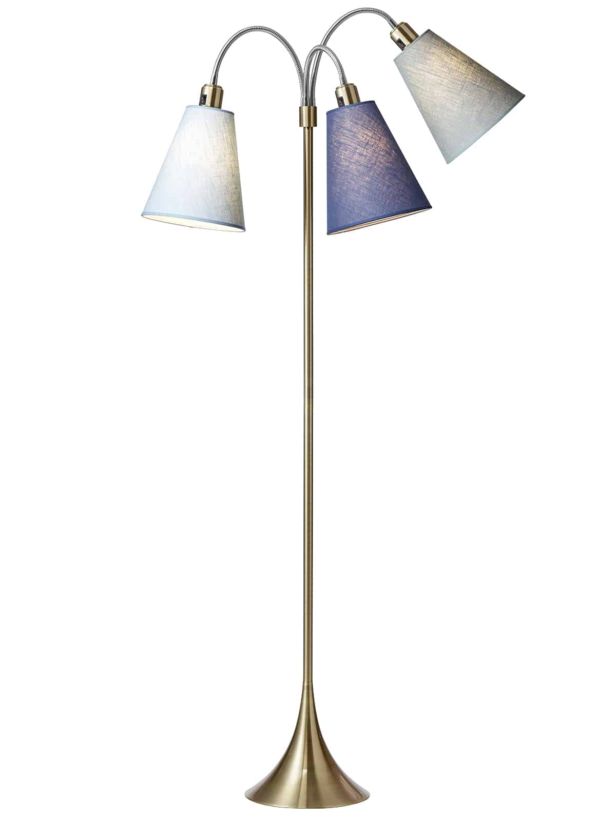 Trafik Gulvlampe messing m/lyseblå, dalablå og turkis blå skærme